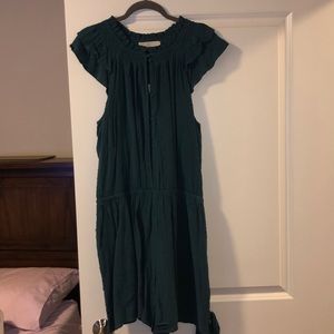 Loft romper with ruffle neckline and tie waist